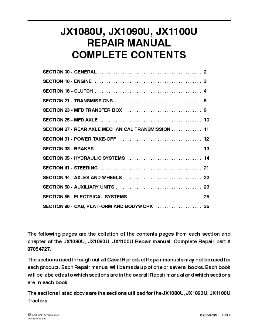Case JX1080U JX1090U JX1100U Tractor Repair Service Manual PDF Download