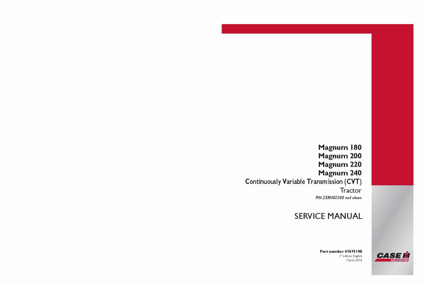 Case Magnum 180, 200, 220, 240 CVT Tractor ZERH02500 Repair Service Manual PDF Download
