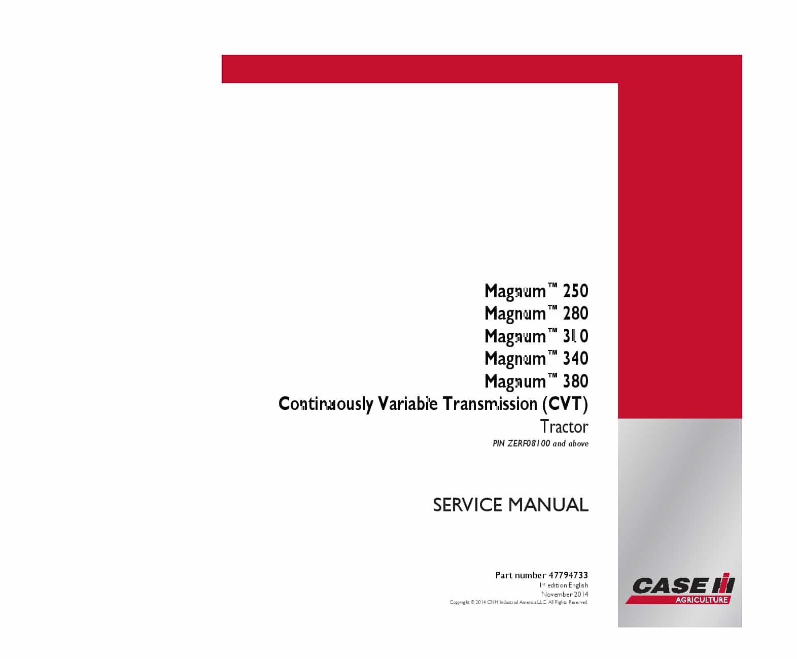 Case Magnum 250, 280, 310, 340, 380 CVT Tractor ZERF08100 Repair Service Manual PDF Download