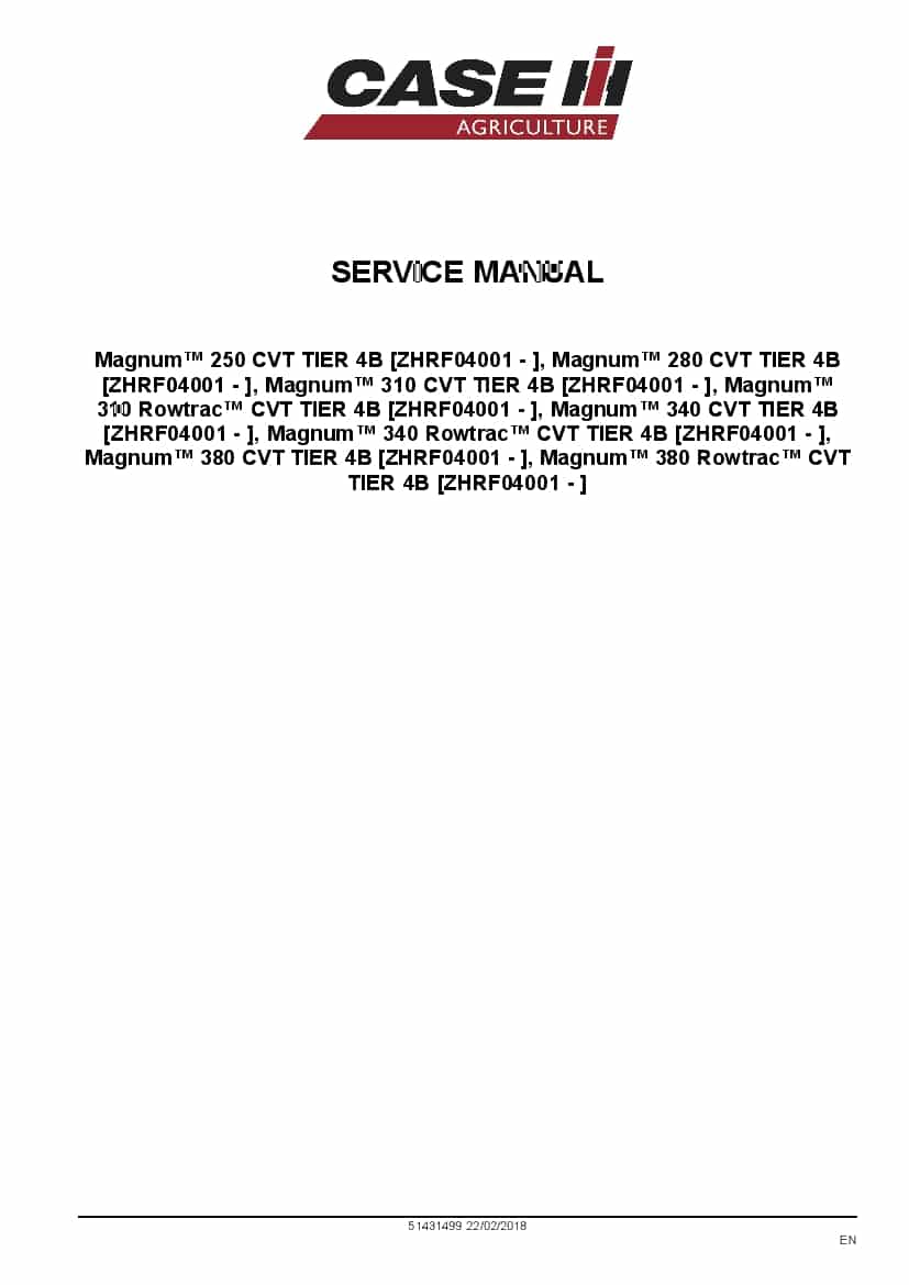 Case Magnum 250, 280, 310, 340, 380 Rowtrac CVT Tier 4 Tractor Repair Service Manual PDF Download