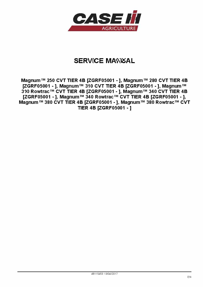 Case Magnum 250, 280, 310, 340 380 Rowtrac CVT Tier 4B Tractor ZGRF05001 Repair Service Manual PDF Download
