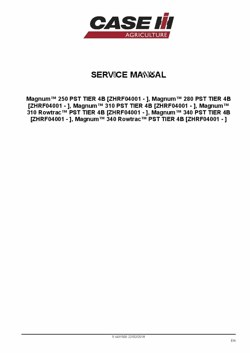 Case Magnum 250, 280, 310, 340 Rowtrac PST Tier 4B Tractor ZHRF04001 Repair Service Manual PDF Download