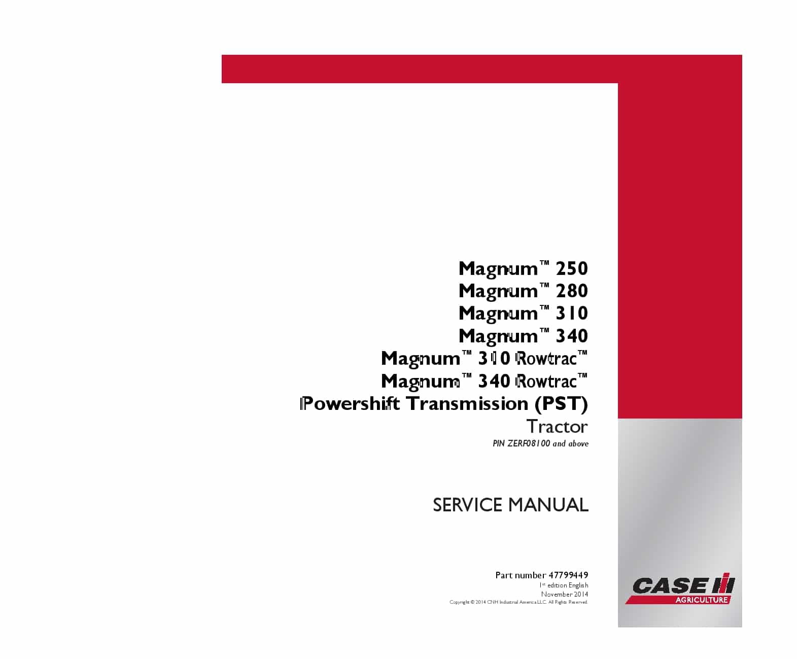 Case Magnum 250, 280, 310, 340 Rowtrac PST Tractor ZERF08100 Repair Service Manual PDF Download