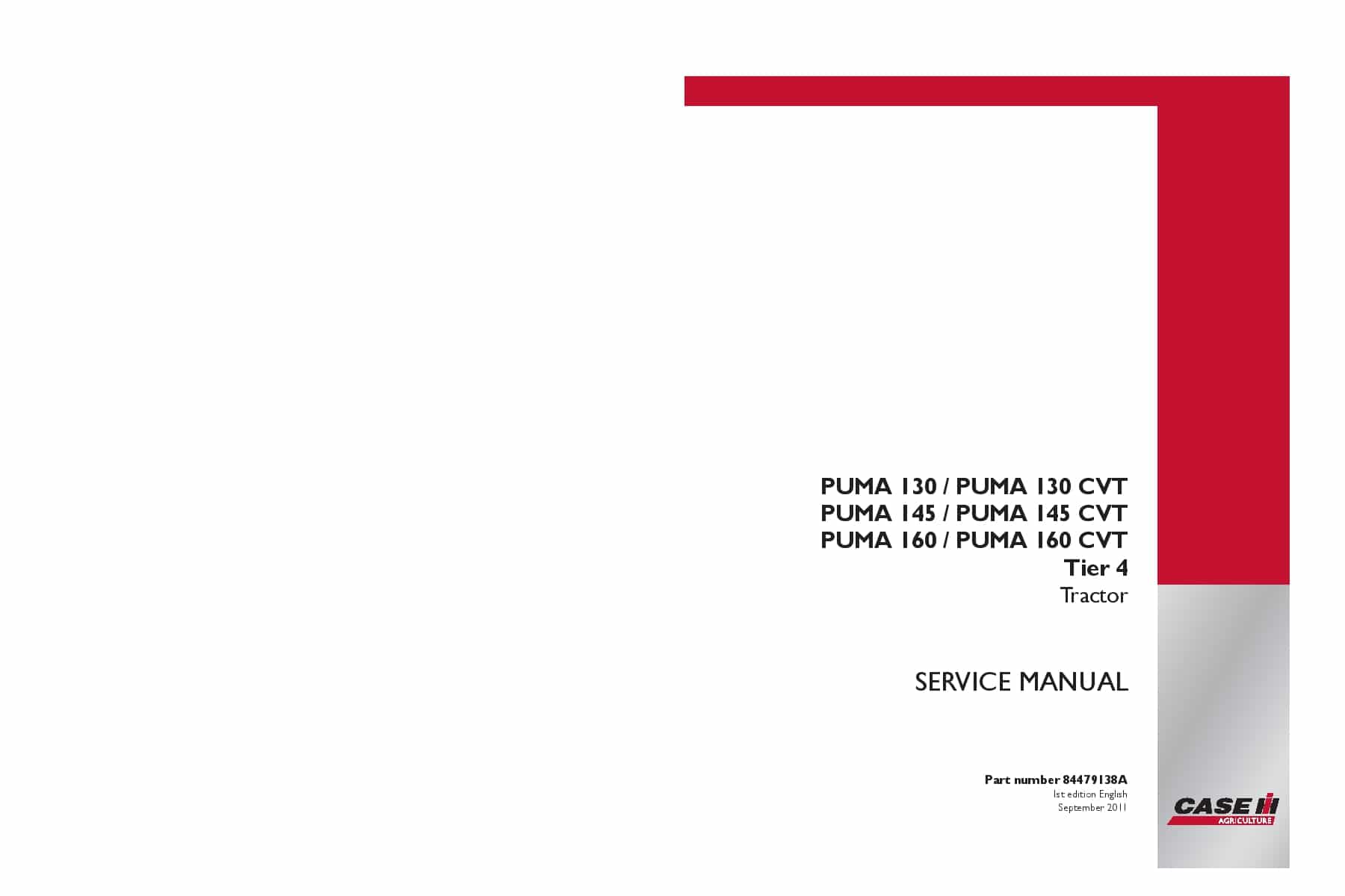 Case PUMA 130, 145, 160 CVT Tier 4 Tractor Repair Service Manual PDF Download