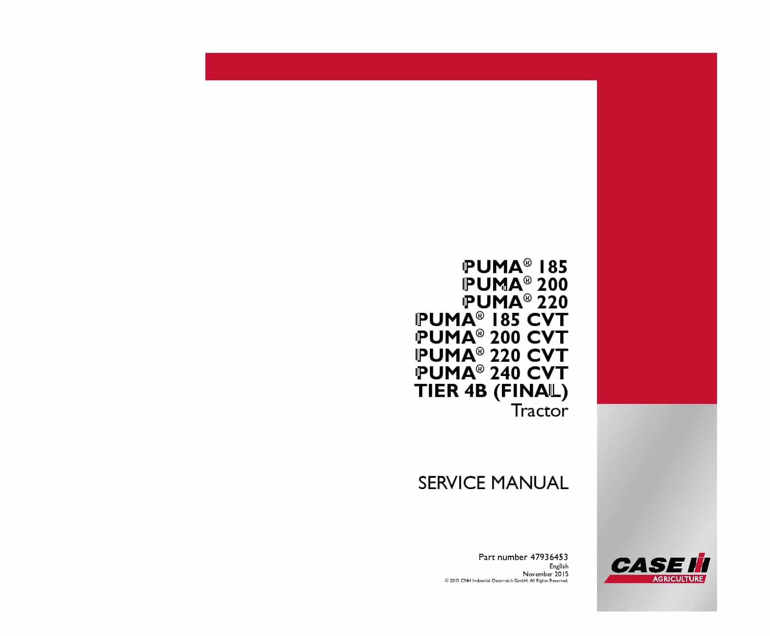 Case Puma 185, 200, 220, 240 CVT Tier 4B final Tractor 47936453 Repair Service Manual PDF Download