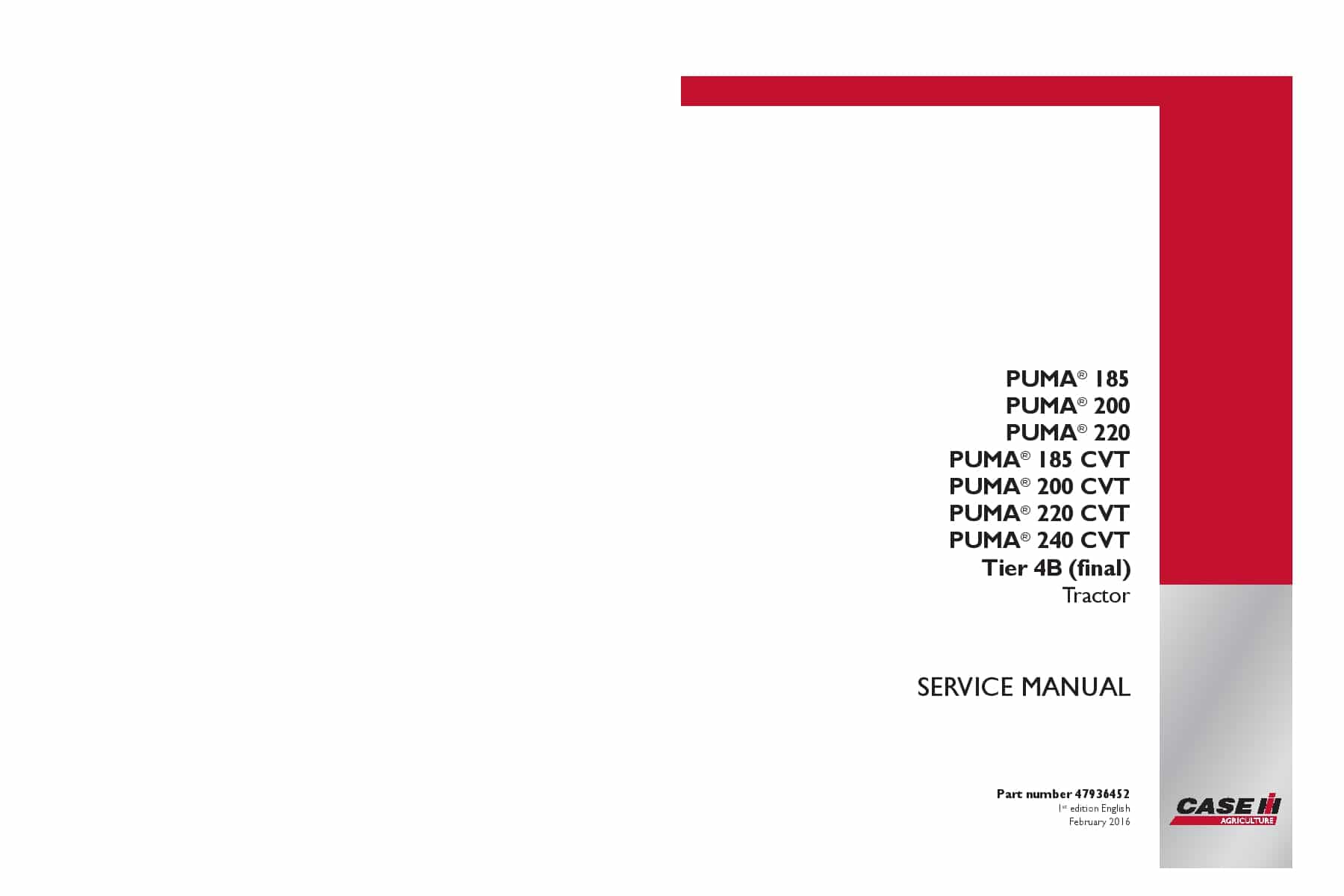 Case Puma 185, 200, 220, 240 CVT Tier 4B final Tractor Repair Service Manual PDF Download