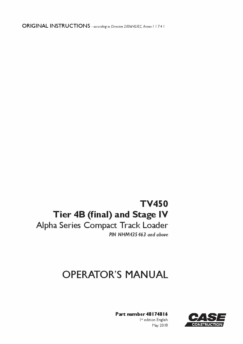 Case TV450 Tier 4B final and Stage IV Alpha Series Compact Track Loader operator manuals PDF Download