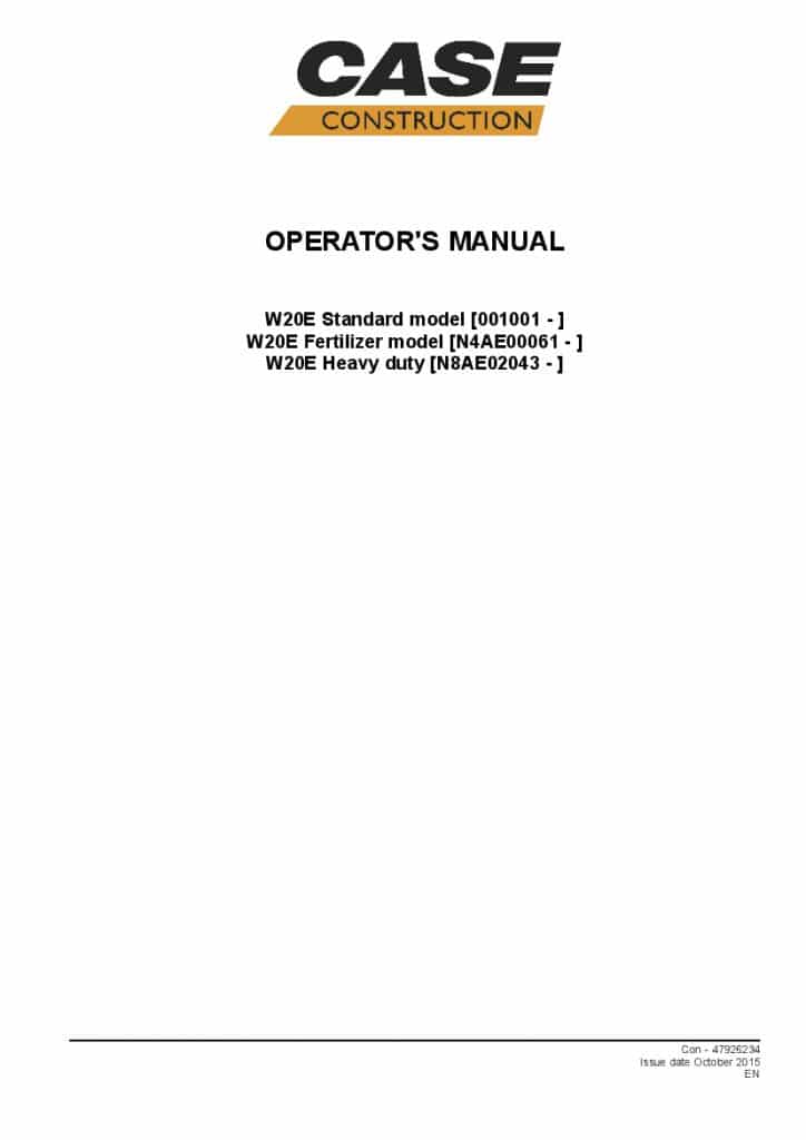 Case W20E Wheel loader operator manuals PDF Download