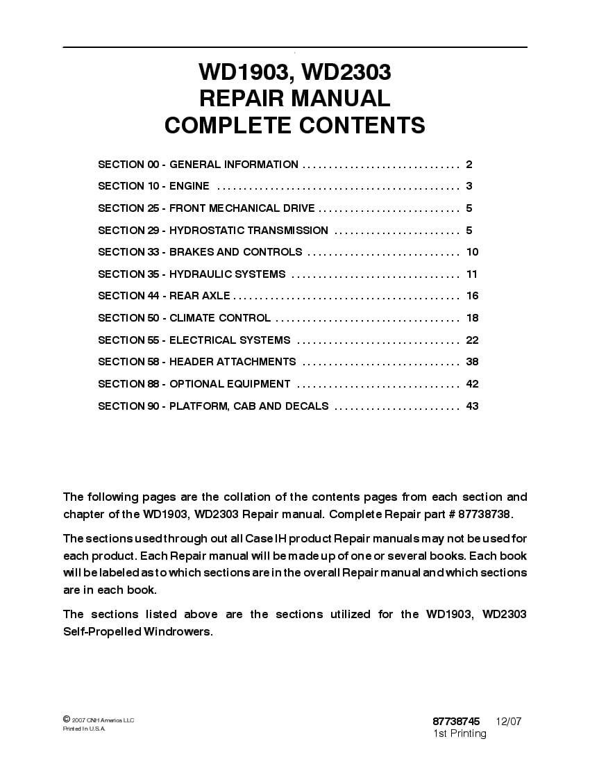 Case WD1903, WD2303 Self-Propelled Windrowers Repair Service Manual PDF Download