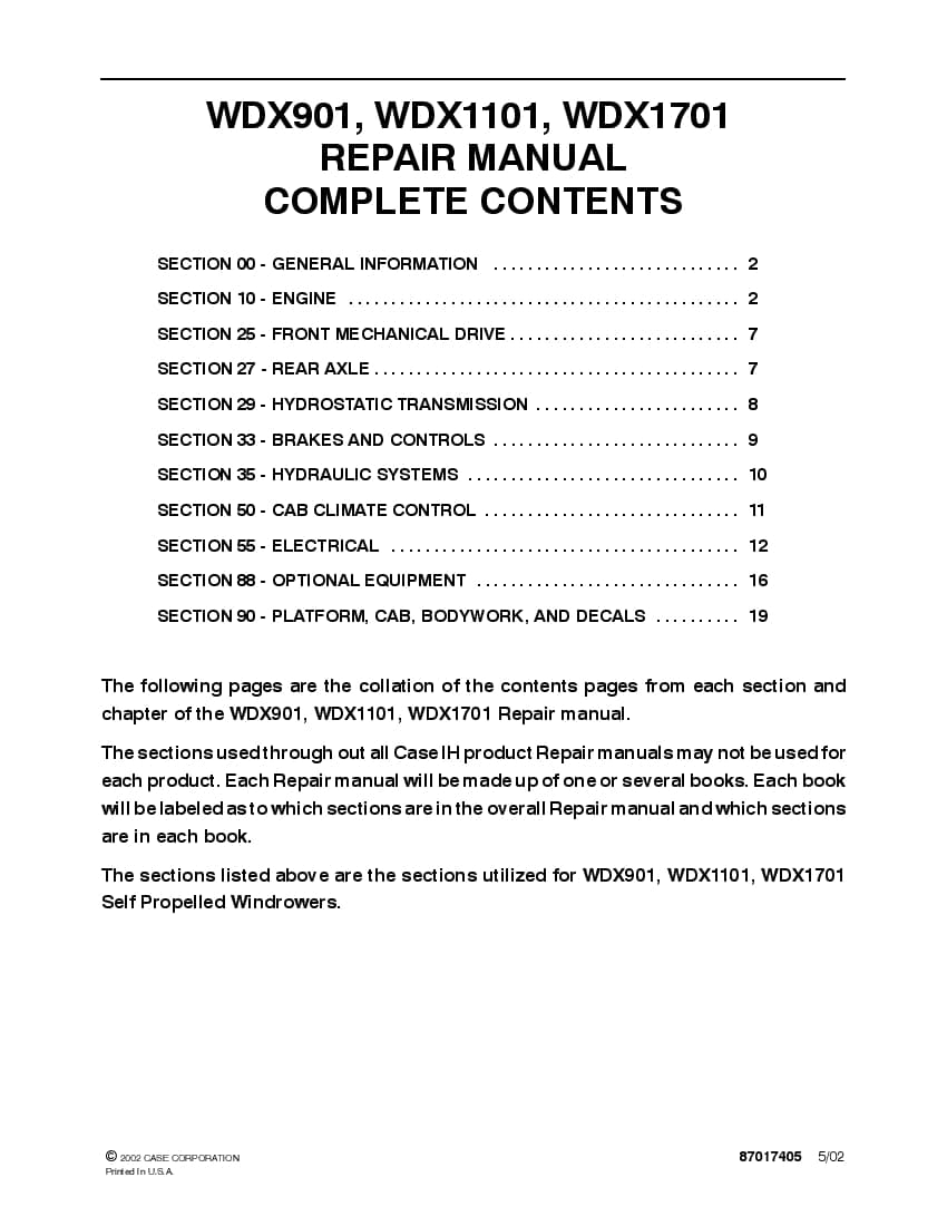 Case WDX901, WDX1101, WDX1701 Self Propelled Windrowers Repair Service Manual PDF Download