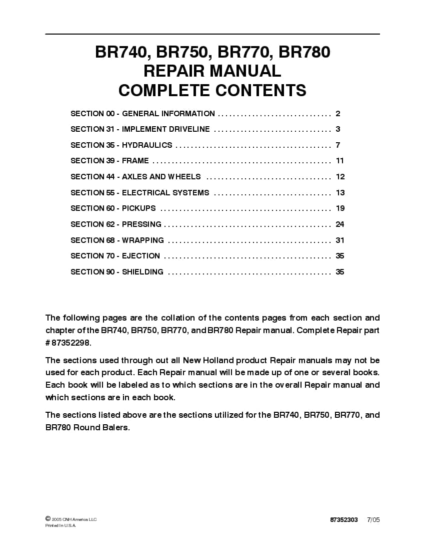 New Holland BR740 BR750 BR770 BR780 Round Balers Repair Service Manual PDF Download