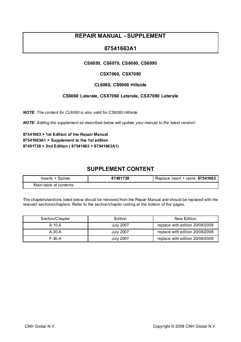 New Holland CL6060, CS6050, CS6060, CS6070, CS6080, CS6090, CSX7060, CSX7080 Repair Service Manual PDF Download