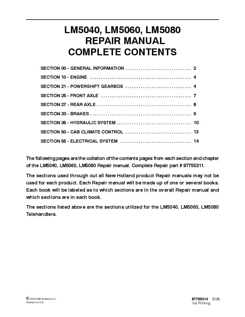 New Holland LM5040, LM5060, LM5080 Telehandler Repair Service Manual PDF Download
