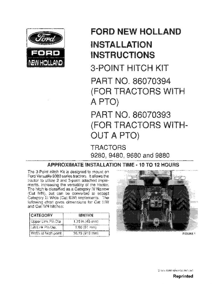 New holland 3-point Hitch Kit with and without PTO operator manuals PDF Download