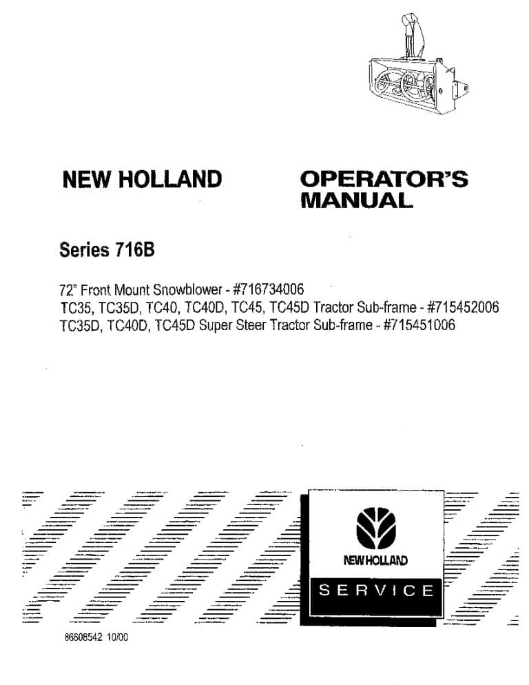 New holland 716B 72 inch front Mount Snowblower for Tractors operator manuals PDF Download