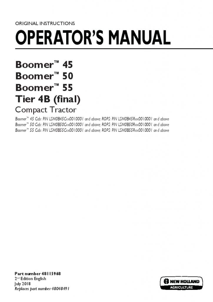 New holland Boomer 45, 50, 55 Tier 4B final compact tractor operator manuals PDF Download