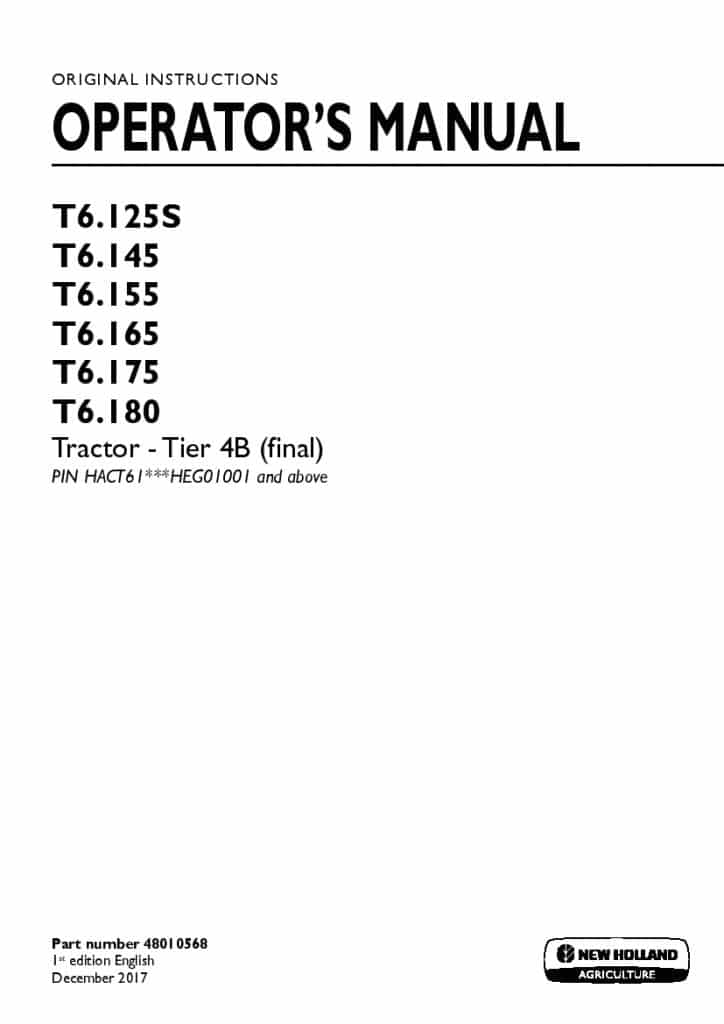 New holland T6.125S, T6.145, T6.155, T6.165, T6.175, T6.180 Tier 4B final Tractor HEG01001 operator manuals PDF Download