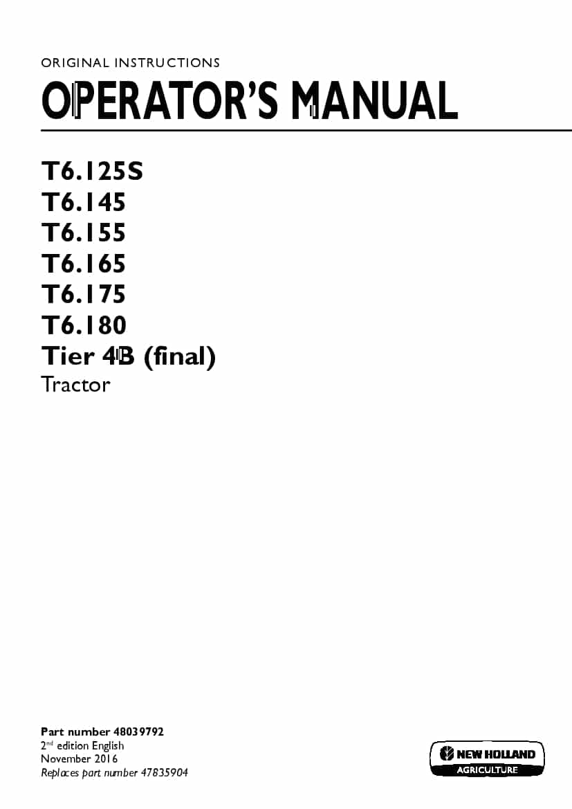 New holland T6.125S, T6.145, T6.155, T6.165, T6.175, T6.180 Tier 4B final Tractor operator manuals PDF Download