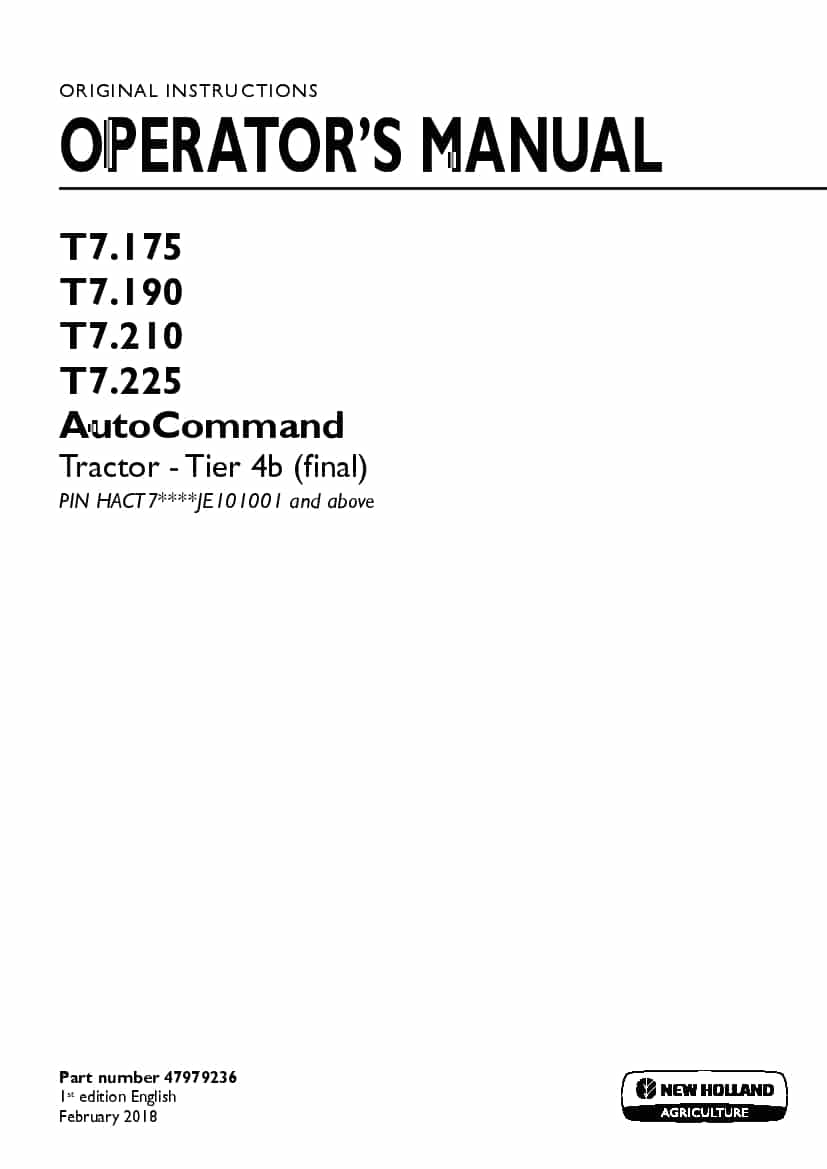 New holland T7.175, T7.190, T7.210, T7.225 AutoCommand Tier 4B final Tractor operator manuals PDF Download