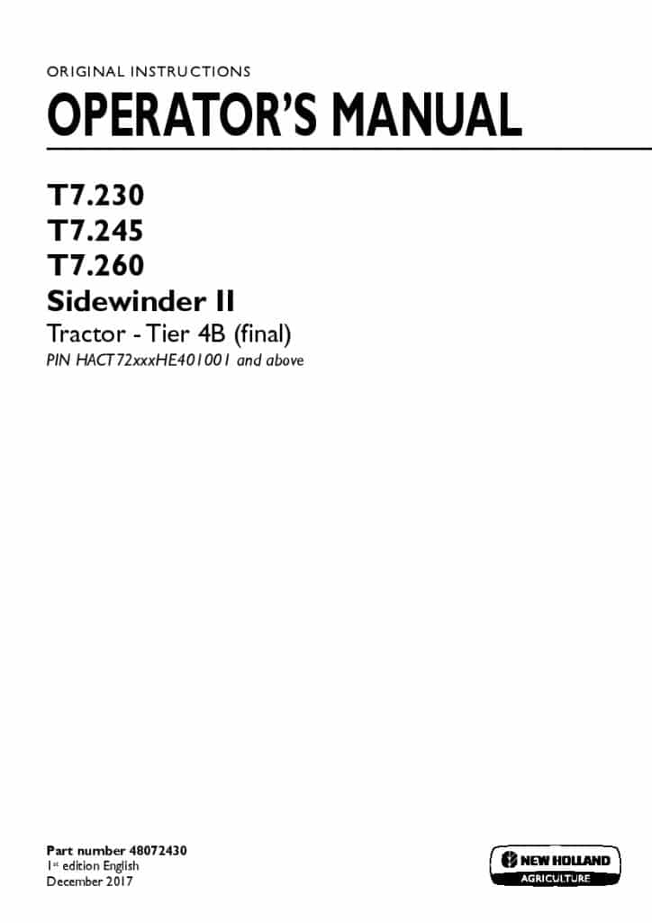 New holland T7.230, T7.245, T7.260 Sidewinder II Tier 4B final Tractor operator manuals PDF Download