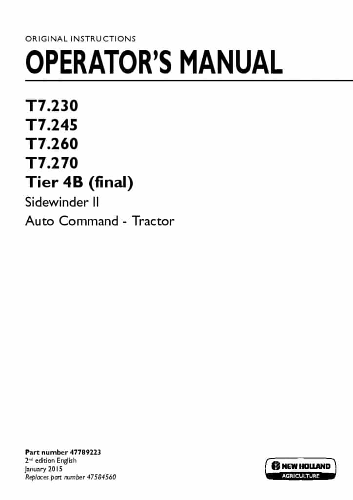 New holland T7.230, T7.245, T7.260 T7.270 Tier 4B final Sidewinder II Auto Command Tractor operator manuals PDF Download