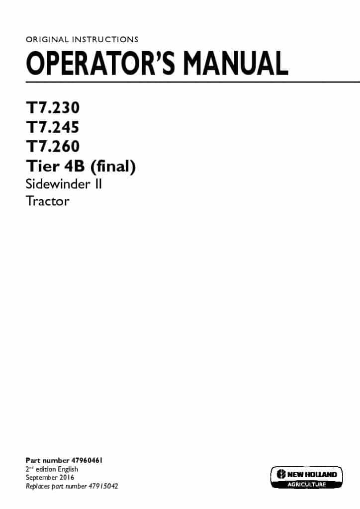 New holland T7.230, T7.245, T7.260 Tier 4B final Sidewinder II Tractor operator manuals PDF Download