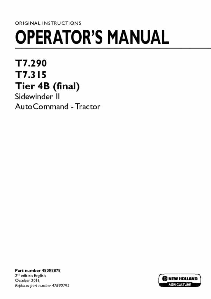 New holland T7.290, T7.315 AutoCommand Tier 4B final Sidewinder II Tractor operator manuals PDF Download