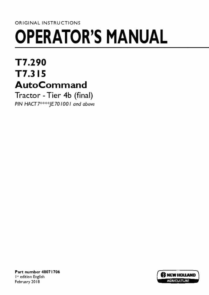 New holland T7.290, T7.315 AutoCommand Tier 4b final Tractor operator manuals PDF Download