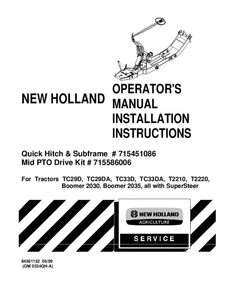 New holland TC29D, TC29DA, TC33DA, T2210, T2220, T2030 Quick Hitch & Sub operator manuals PDF Download