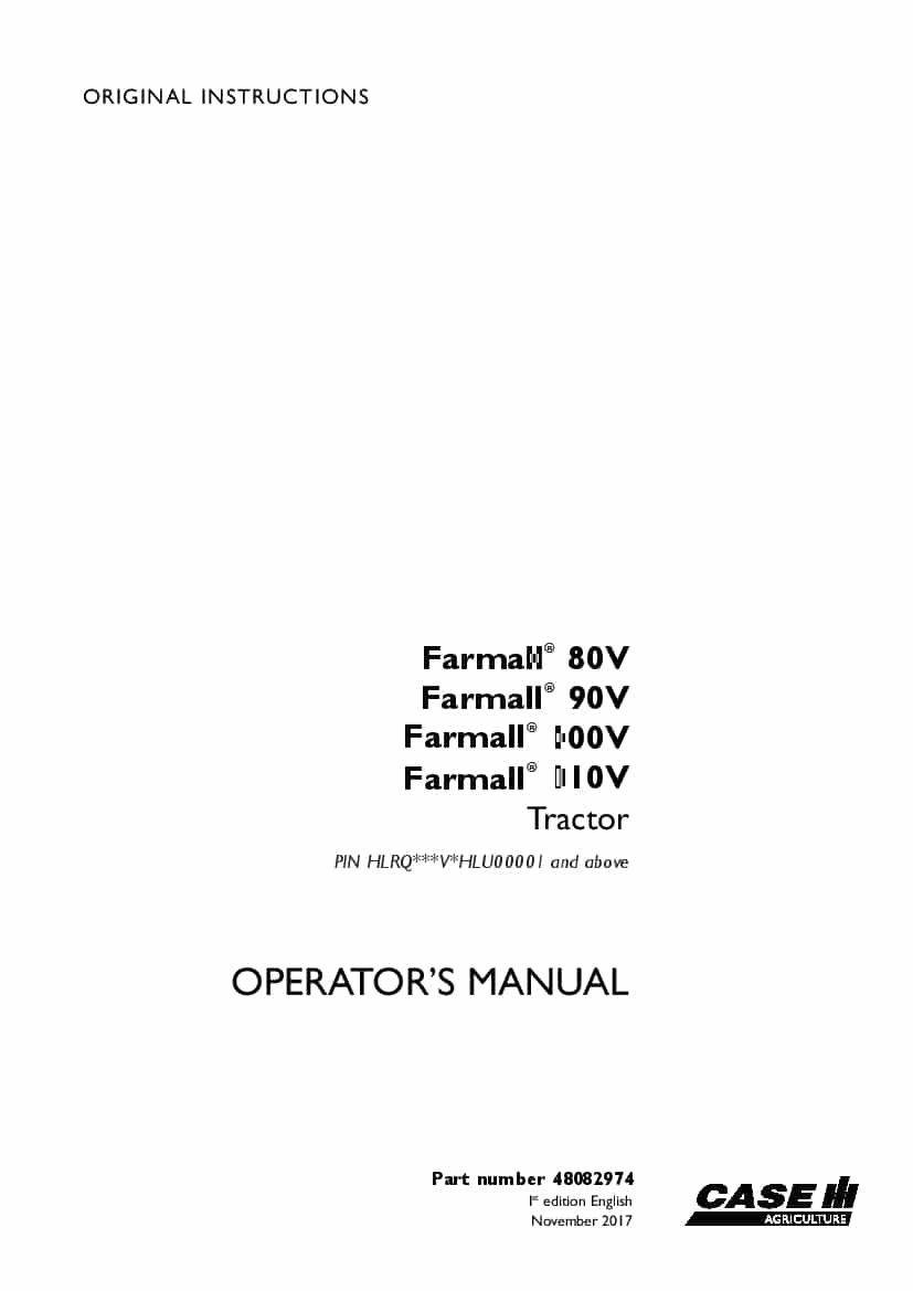 Case Farmall 80V, Farmall 90V, Farmall 100V, Farmall 110V Tier 4A interim Tractor HLU00001 Operators Manual PDF Download