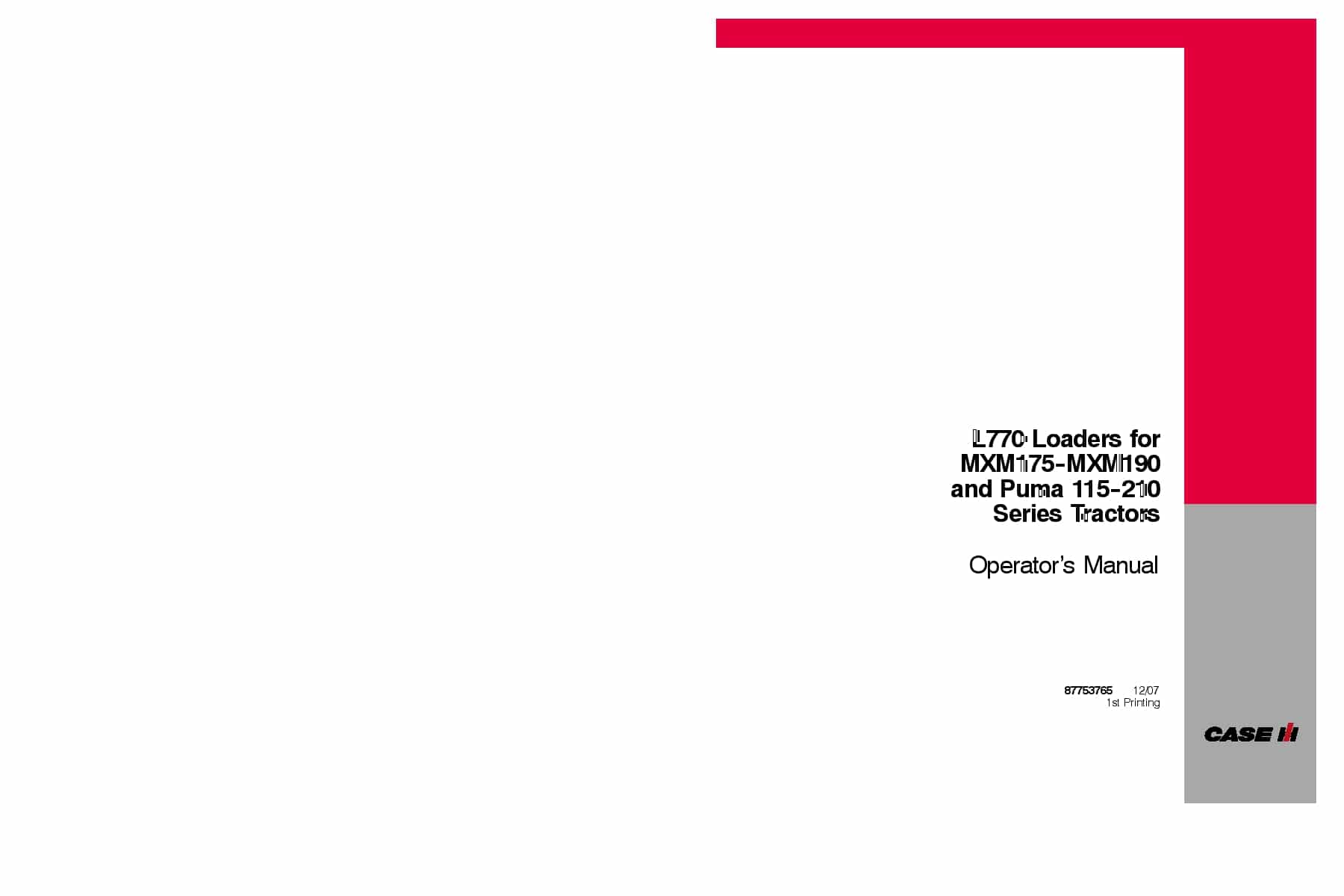 Case L770 Loaders for MXM175-MXM190 & Puma Tractors Operators Manual PDF Download
