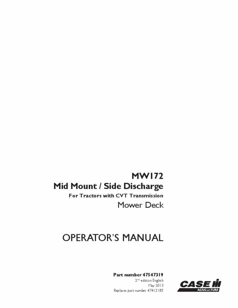 Case MW172 Mid Mount Side Discharge Mower Deck For Tractors with CVT Transmission Operators Manual PDF Download
