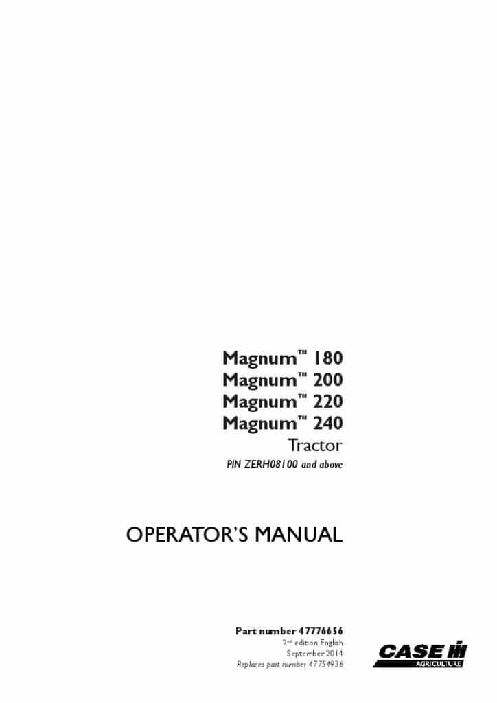 Case Magnum 180, 200, 220, 240 Tractor Tier 4B PIN ZERH08100 Operators Manual PDF Download