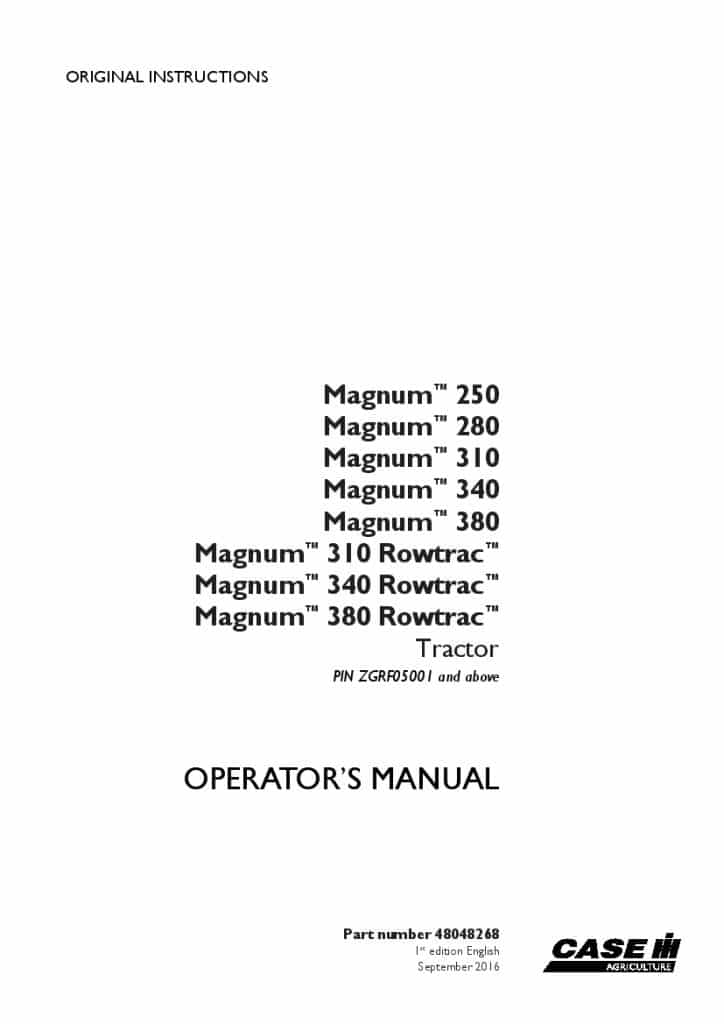 Case Magnum 250, 280, 310, 340, 380, Magnum 310, 340, 380 Rowtrac Tier 2 tractor ZGRF05001 Operators Manual PDF Download