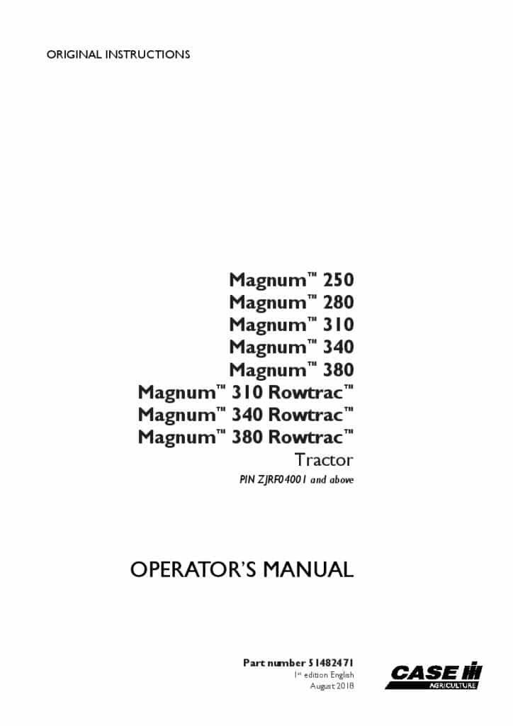 Case Magnum 250, 280, 310, 340, 380, Magnum 310, 340, 380 Rowtrac Tier 4B final Tractor ZJRF04001 Operators Manual PDF Download
