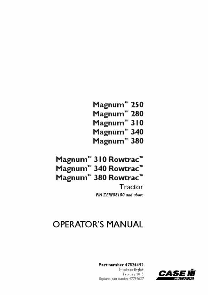 Case Magnum 250, 280, 310, 340, 380 Magnum Rowtrac 310, 340, 380 ZERF08100 Operators Manual PDF Download