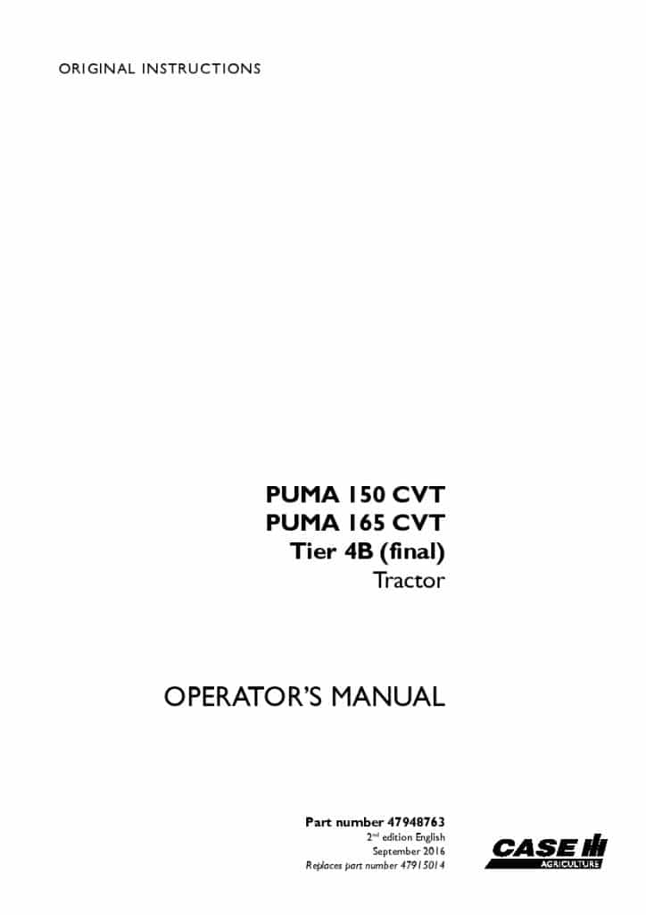 Case Puma 150 CVT, Puma 165 CVT Tier 4B final Tractor Operators Manual PDF Download
