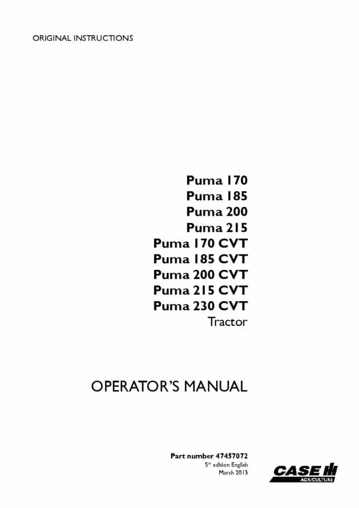 Case Puma 170 185 200 215 230 CVT Tractor Operators Manual PDF Download