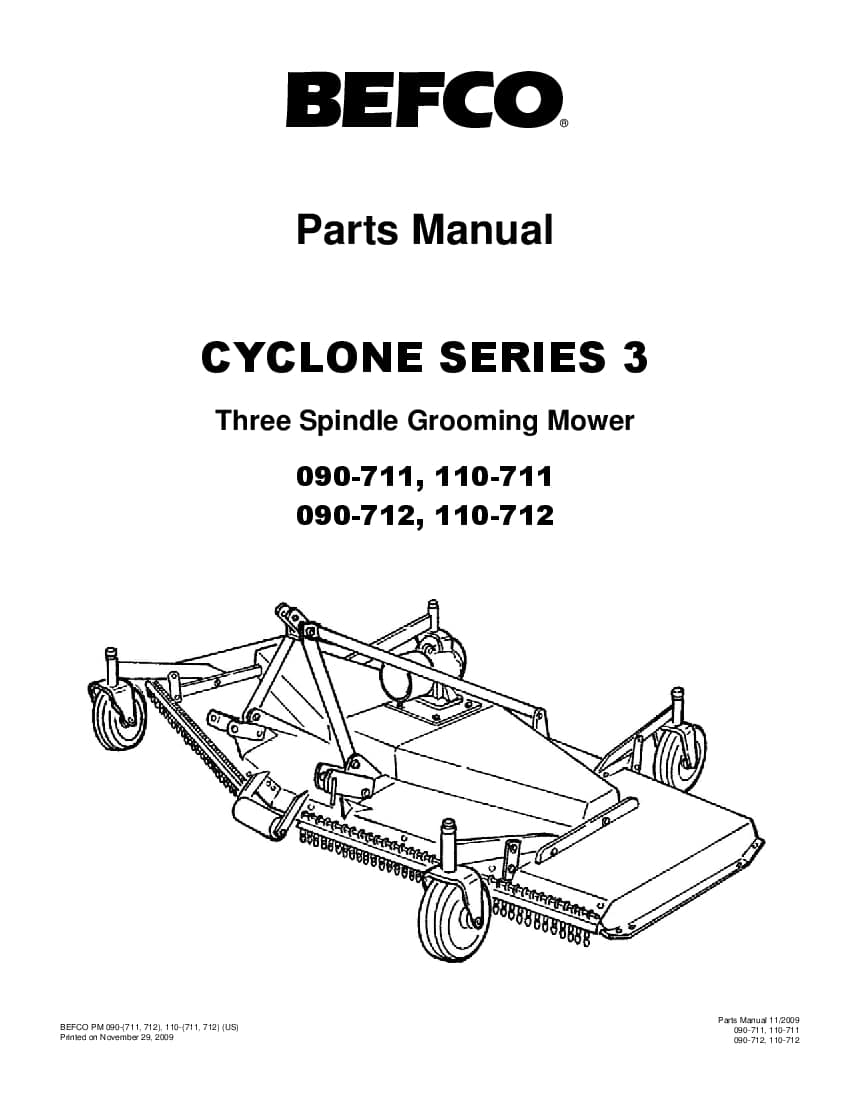 BEFCO CYCLONE SERIES 3THREE SPINDLE GROOMING MOVER 090-711 712 110-711 712 US 11-2009 Parts manual PDF Download