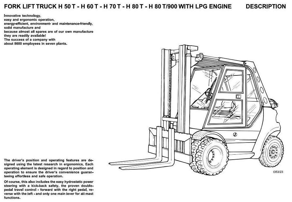 Linde H50T, H60T, H70T, H80T, H80T/900 LPG Forklift truck 353 series Operating Instructions (Manual)