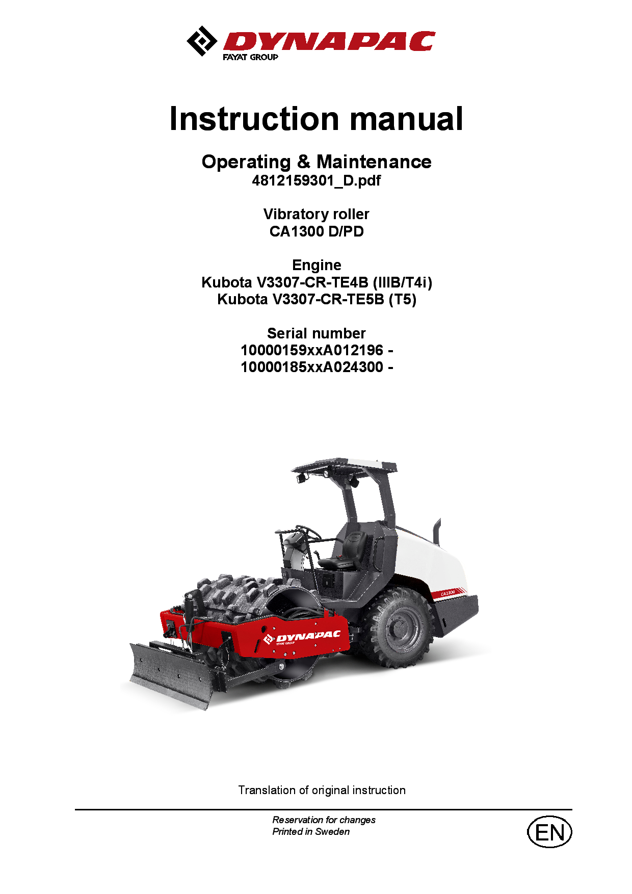 Dynapac CA1300 - Operation & Maintenance manual (EN) 4812159301 manual PDF Download