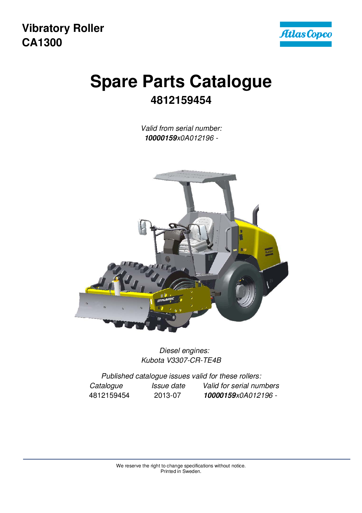 Dynapac CA1300 - Spare Parts Catalogue 4812159454 manual PDF Download