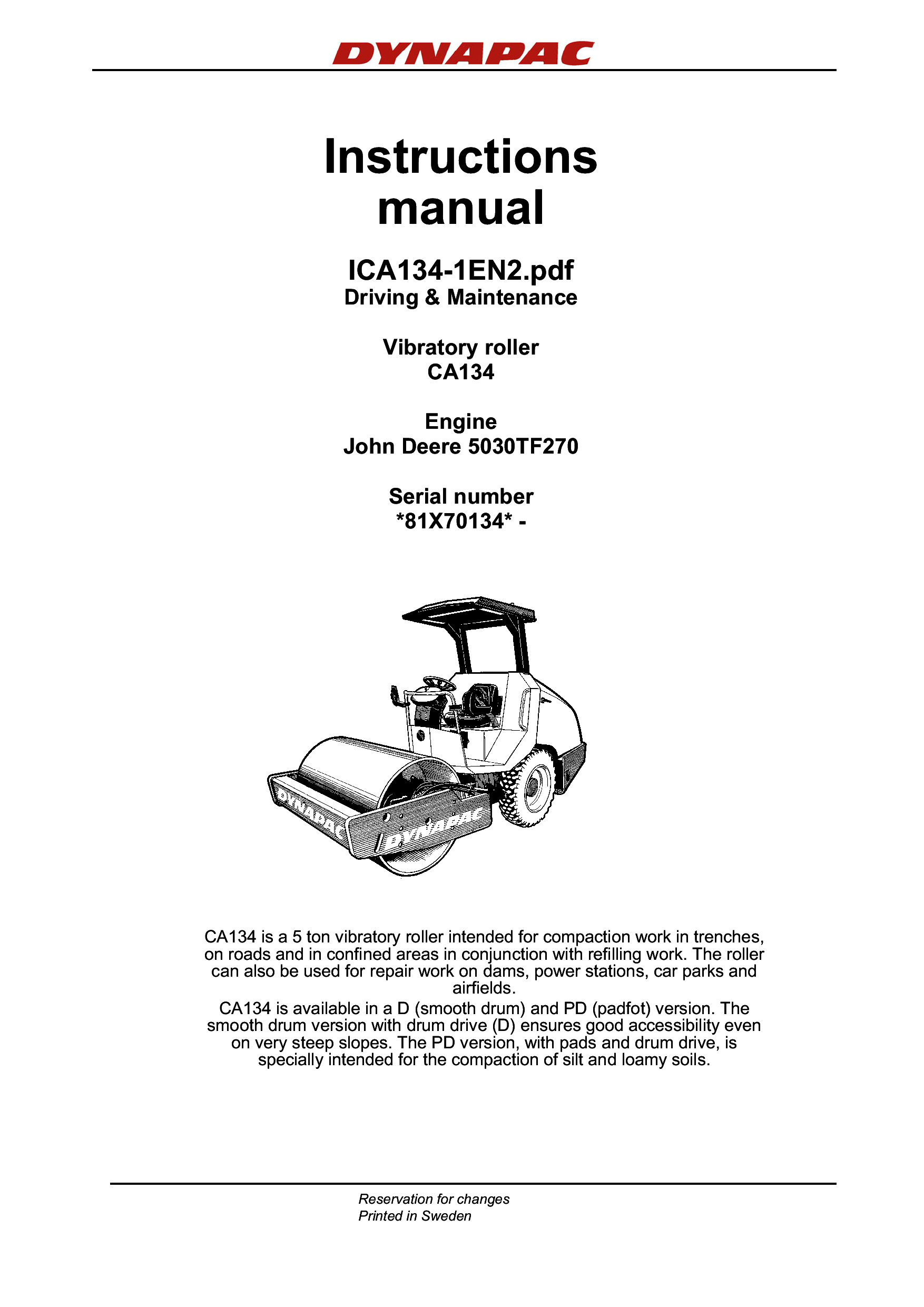 Dynapac CA134 - Operation & Maintenance manual ICA134-1EN manual PDF Download