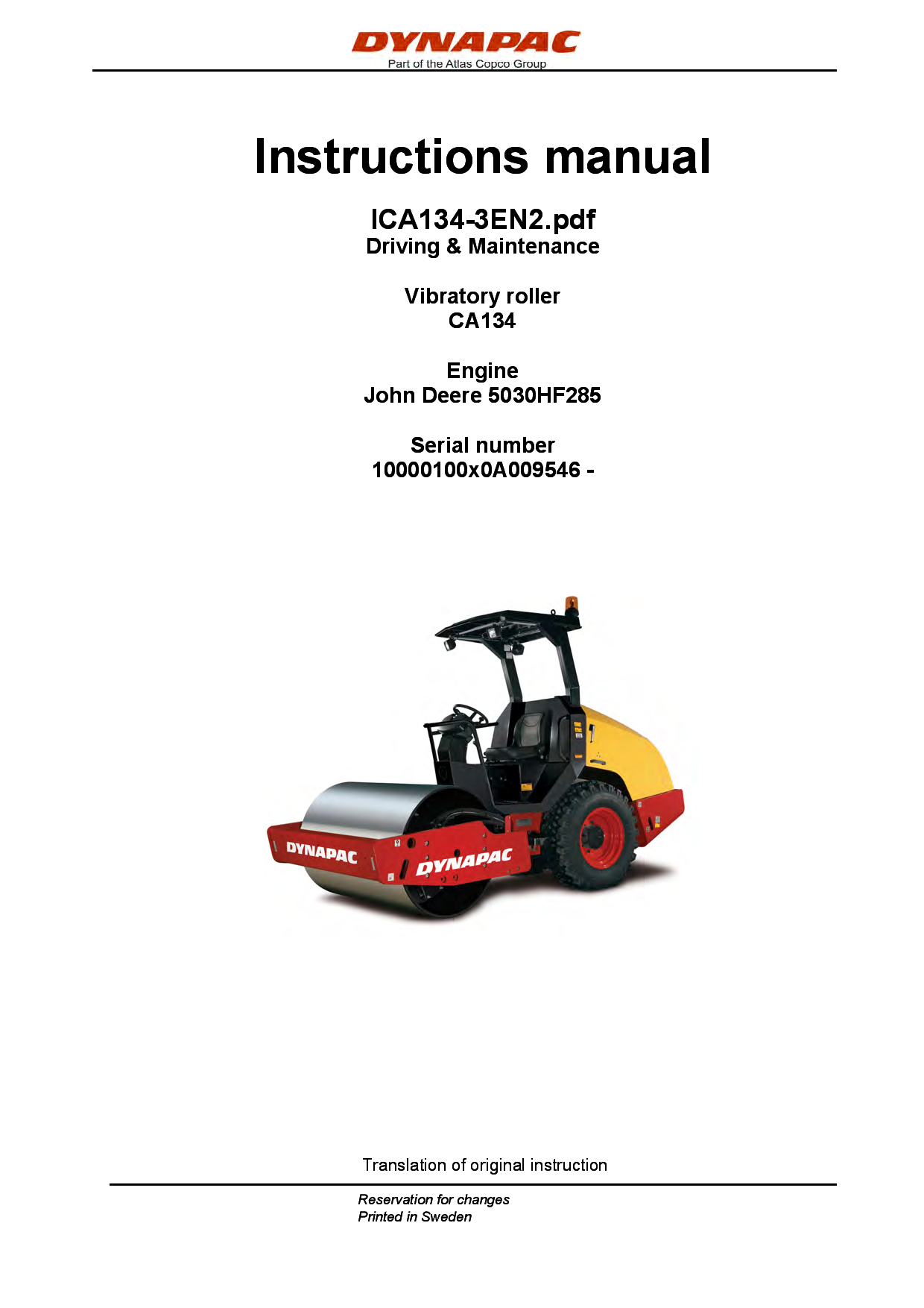 Dynapac CA134 - Operation & Maintenance manual ICA134-3EN manual PDF Download