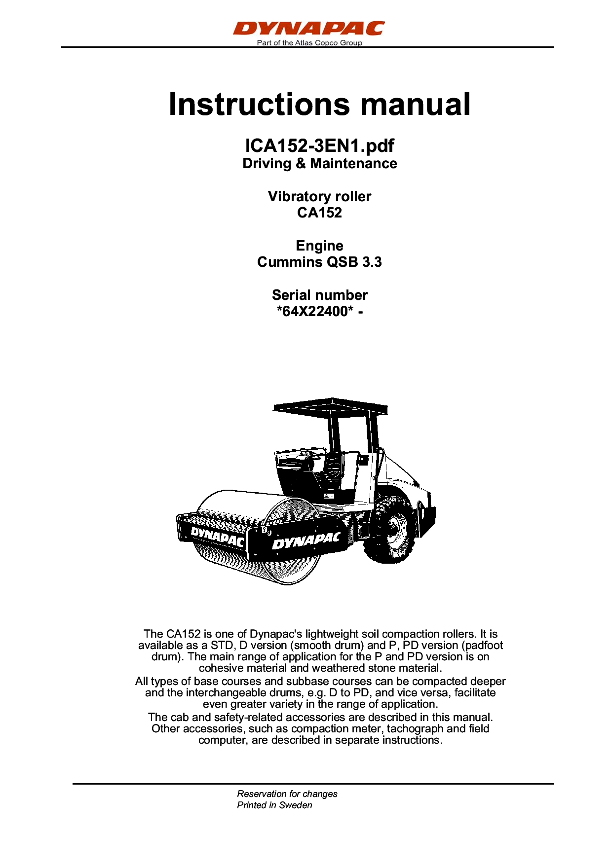 Dynapac CA152 - Operation & Maintenance manual ICA152-3EN manual PDF Download