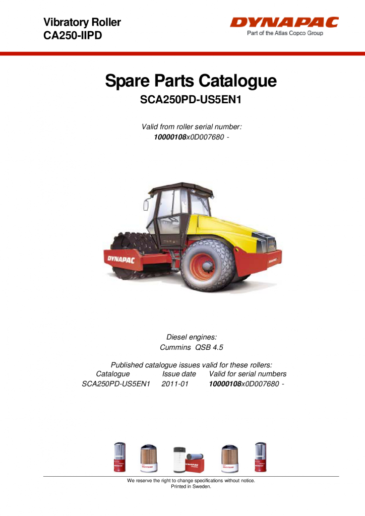 Dynapac CA250-IIPD - Spare Parts Catalogue SCA250PD-US5EN manual PDF Download