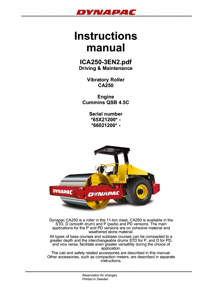 Dynapac CA250 - Operation & Maintenance manual ICA250-3EN manual PDF Download