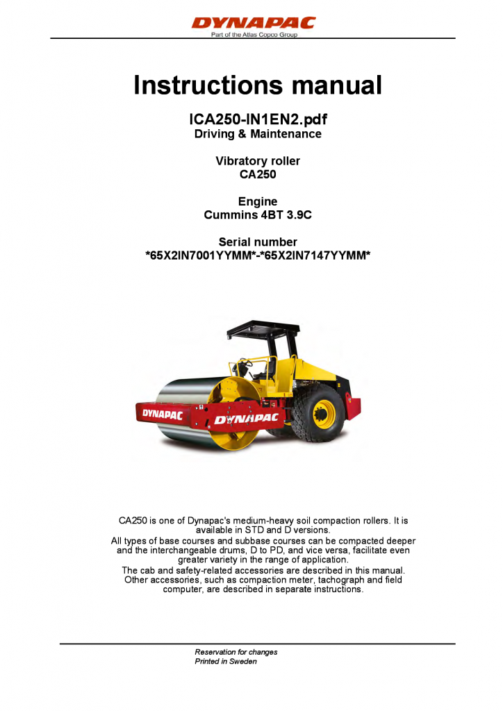 Dynapac CA250 - Operation & Maintenance manual ICA250-IN1EN manual PDF Download