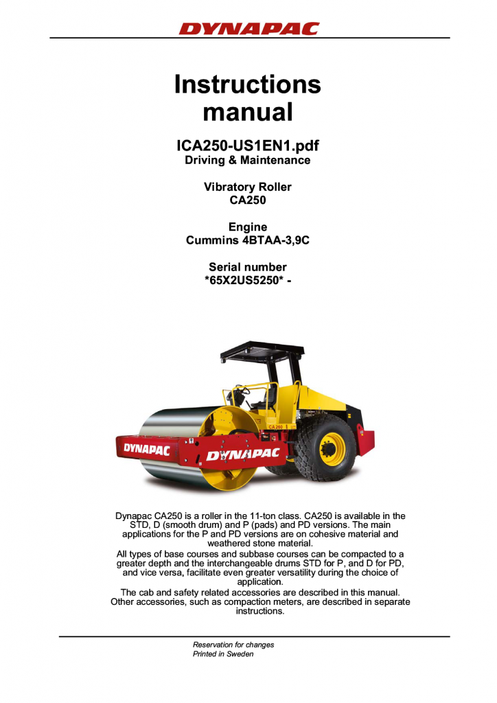 Dynapac CA250 - Operation & Maintenance manual ICA250-US1EN manual PDF Download