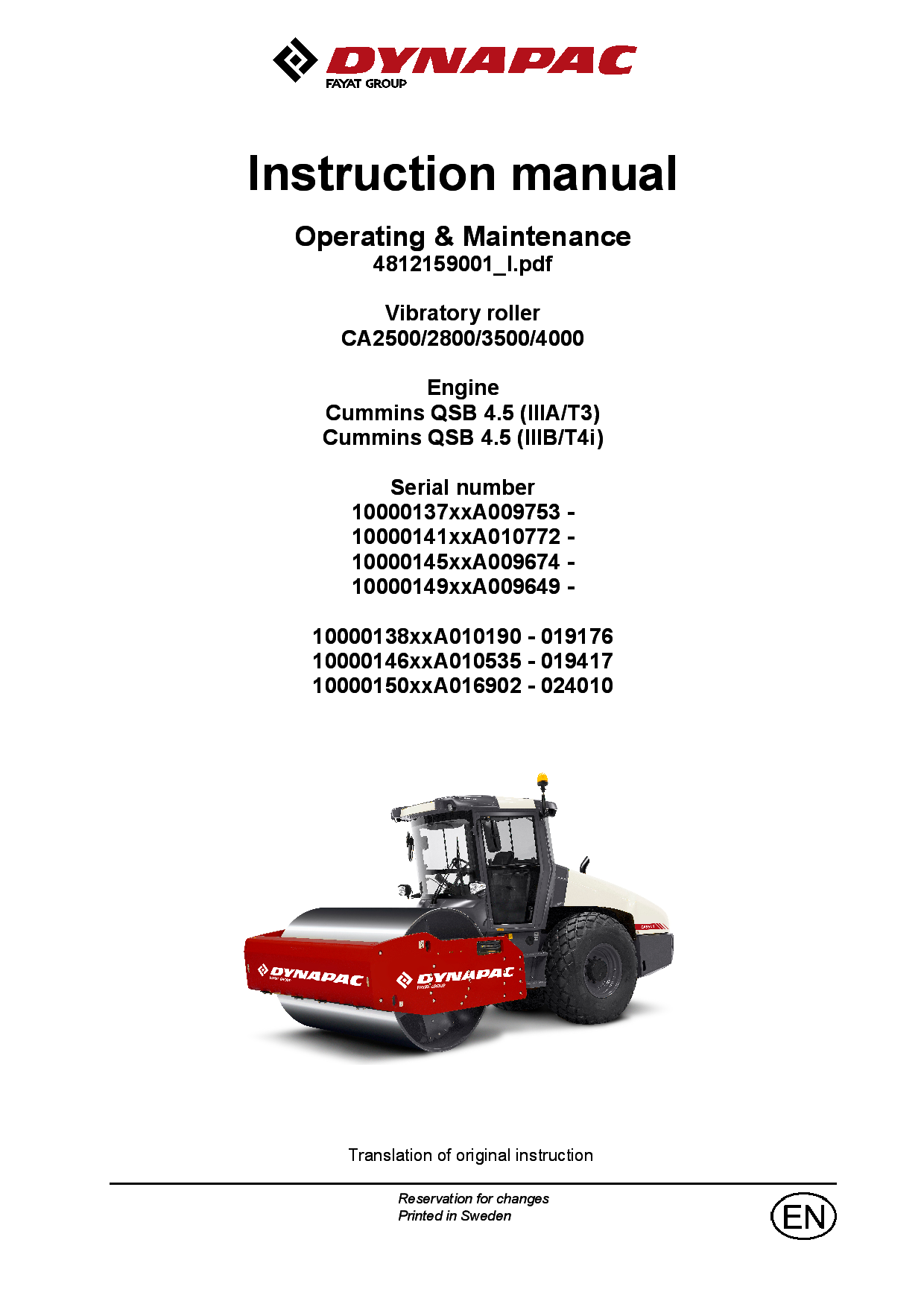 Dynapac CA2500 2800 3500 4000 - Operation & Maintenance manual (EN) 4812159001 manual PDF Download